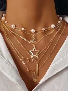 14K Gold Plated Multi-Layered Necklace with Star, Key, and Butterfly Charms